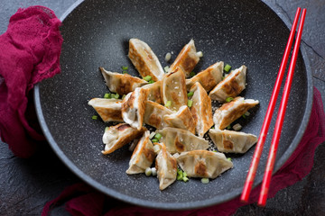 Wok pan with fried gyoza dumplings, green onion and sesame seeds, studio shot, selective focus