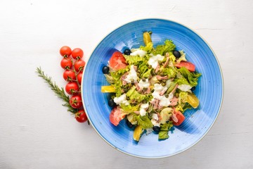 Vegetable salad and mozzarella, tuna and capers. Italian cuisine. Free space for your text. Top view.