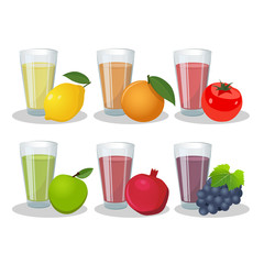 Glasses with juice and fruit isolated on white background.