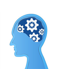 Human head with gears. Head thinking.   paper art and craft style.