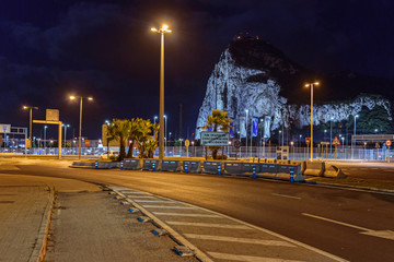 Night view on Gibraltar rock from Spanish town La Linea de la Concepcion.