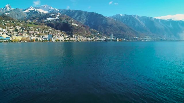 4K 50P (HFR) aerial of famous city of Montreux, east looking over water