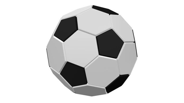 Flat white hexagonal and black pentagonal plates as soccer ball shape grow and turn around. Loopable. Luma matte. 3D rendering.