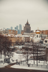 Obraz premium Moscow cityscape with Kudrinskaya Square skyscraper in winter