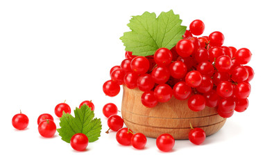 Red berries of Viburnum (arrow wood) in wooden bowl with green leaf isolated on white background top view