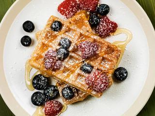 Waffles With Fresh Raspberries and Blueberries
