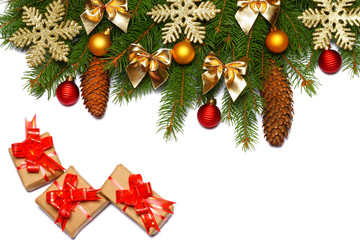 Christmas background. Top view with copy space. fir tree with cone isolated on white background