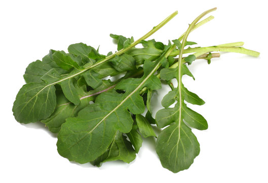 green fresh rucola leaves isolated on white background. Rocket salad or arugula.