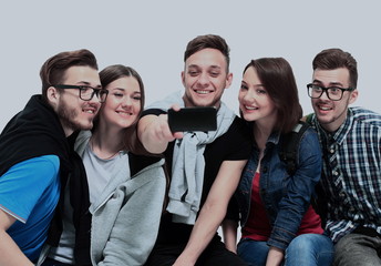 Fototapeta premium Group of happy young teenager students taking selfie photo isolated on white background