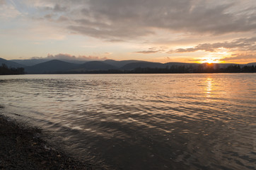 Danube sunset in December, beauty winter sunset, reflection of sunset