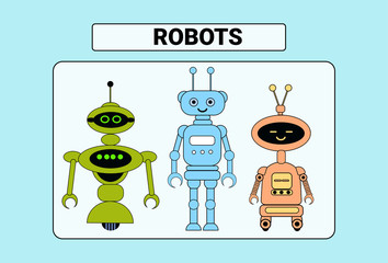 Set Of Cute Robots Cartoon Robotic Character Vintage Icon Vector Illustration