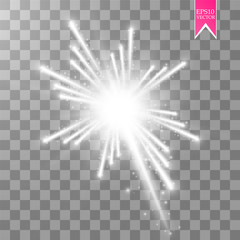 Firework lights effect with glowing stars in sky isolated on transparent background. Vector white festive party rocket burst or salute show for your design.