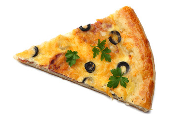 Piece of pizza with olives isolated on white background. top view