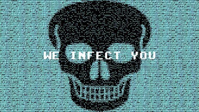 A matrix computer screen and a skull made of ASCII characters, flashing, with a text in a bad ill-formed english: you have a virus; we infect you; pay ransom; or your pc dead. Retro vintage malware.
