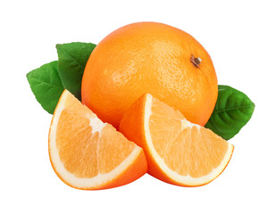 Orange with slice and leaf isolated on the white background