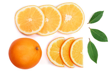 Orange with slice and leaf isolated on the white background. Flat lay pattern. Top view