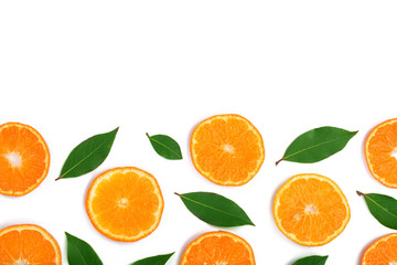 slices of tangerine with leaves isolated on white background with copy space for your text. Flat lay, top view.