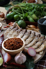 Assortment of Thai food Cooking ingredients. Spices ingredients chilli pepper garlicgalanga and kaffir lime leaves.