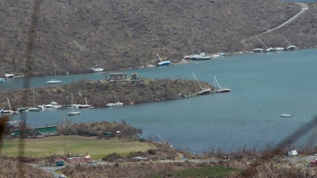 view of Coral Bay and destroyed boats after hurricane Irma, St John, Virgin Islands