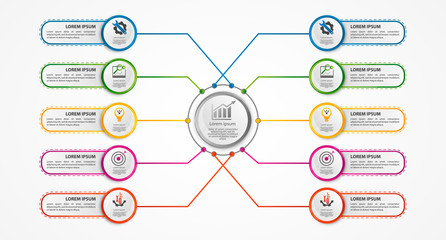 Modern vector illustration 3d. A circular infographic template with ten elements and a circle in the center. Contains icons and text. Designed for business, presentations, diagrams with 10 steps