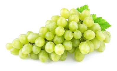 Green grape with leaves isolated on white background. Studio shot