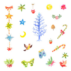 Set of winter elements. Watercolor vector illustration.