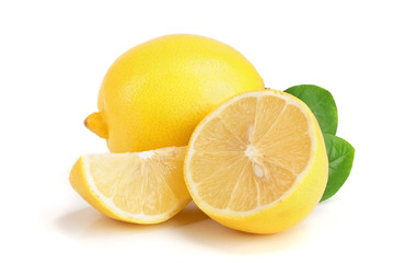 lemon and slice with leaf isolated on white background