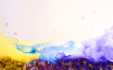 Abstract image with flowers and watercolors on white. space for text