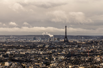The Eiffel tower and Paris skyline aerial view in France.