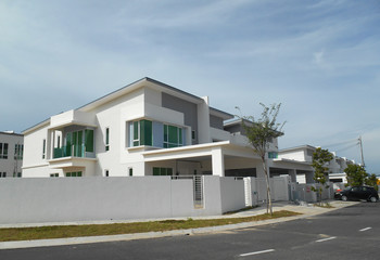 Facade of two story luxury terrace house  in Sendayan, Malaysia.  