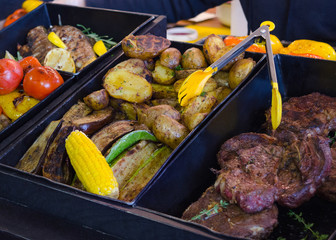 Fried vegetables, beef. Street food,