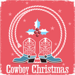 Cowboy christmas card red background with western boots and lasso