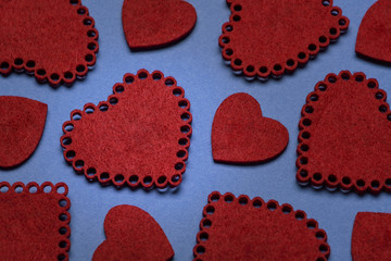 The hearts of the fabric are delicate. On a blue background. - 185014970
