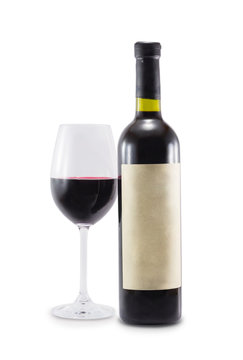 A bottle of wine and a glass isolated on a white background