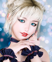 3D woman portrait bright makeup. Blonde hair, blue eyes. Sweet shy romantic girl. Conceptual fashion art. Realistic render illustration.