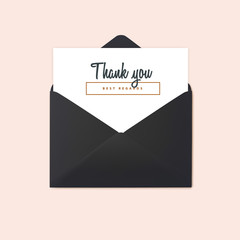 Open black envelope. Vector mockup. Thank you message and black letter, design template.