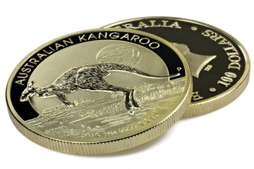 1 ounce Australian Kangaroo gold bullion coins isolated on white background