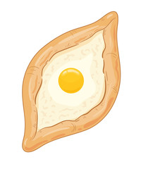 Traditional ajarian and georgian dish - khachapuri. Freshly baked flat bread filled with cheese and egg isolated on white background. Vector hand drawn illustration. - 185018973