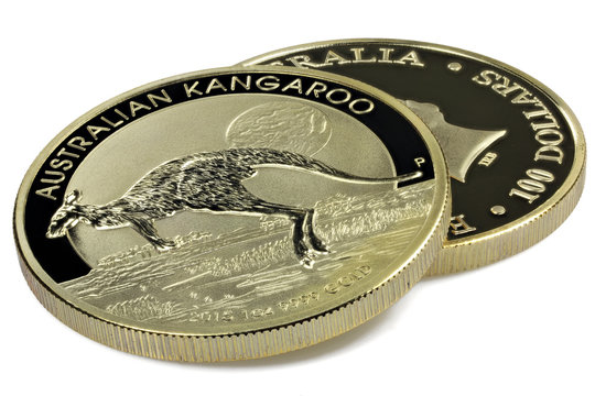 1 Ounce Australian Kangaroo Gold Bullion Coins Isolated On White Background