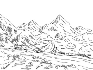 Mountain road graphic black white river ford landscape sketch illustration vector