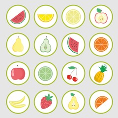 Cartoon fruits, berries and vegetables icons, labels. vector illustration