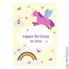 Happy birthday card with a magical unicorn on a light yellow background. Vector illustration.