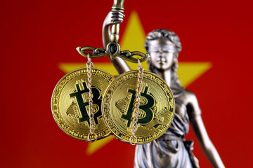 Symbol of law and justice, physical version of Bitcoin and Vietnam Flag. Prohibition of...