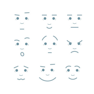 Cartoon faces expressions vector set. Creative style of smiles with different emotions sadness pain shock joy inspiration anger sadness.