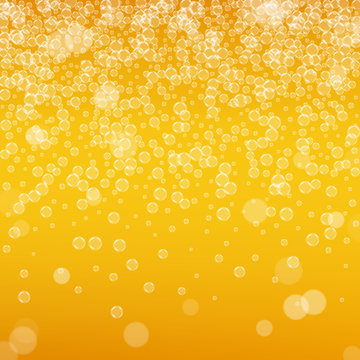 Beer background with realistic bubbles. Cool liquid drink for pub and bar menu design, banners and flyers. Yellow square beer background with white frothy foam. Cold pint of golden lager or ale.