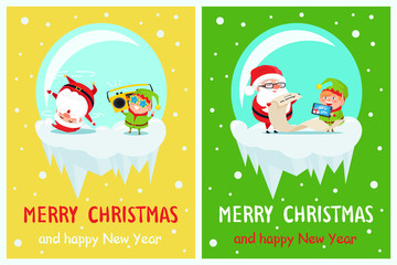 Happy New Year Merry Xmas Postcard Santa and Elf