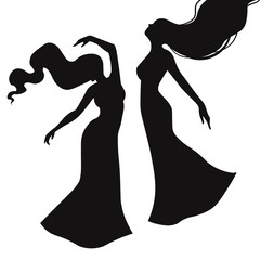 Silhouette of a female figure, hair fluttering in waves. Woman in evening dress.