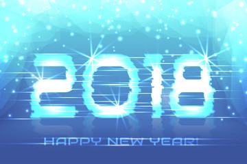 2018 New Year! Poster cyber 2018. Electronic effect, fuzzy, neon.