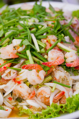 Close Up of Spicy Glass-Noodles Salad with Seafood