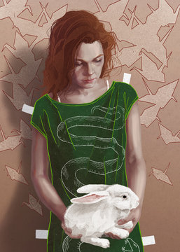 Painted woman with white rabbit. Collage effect. Anxiety spiral.